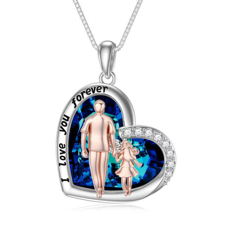 925 Sterling Silver Father and Daughter Necklace Blue Heart Crystal Necklace