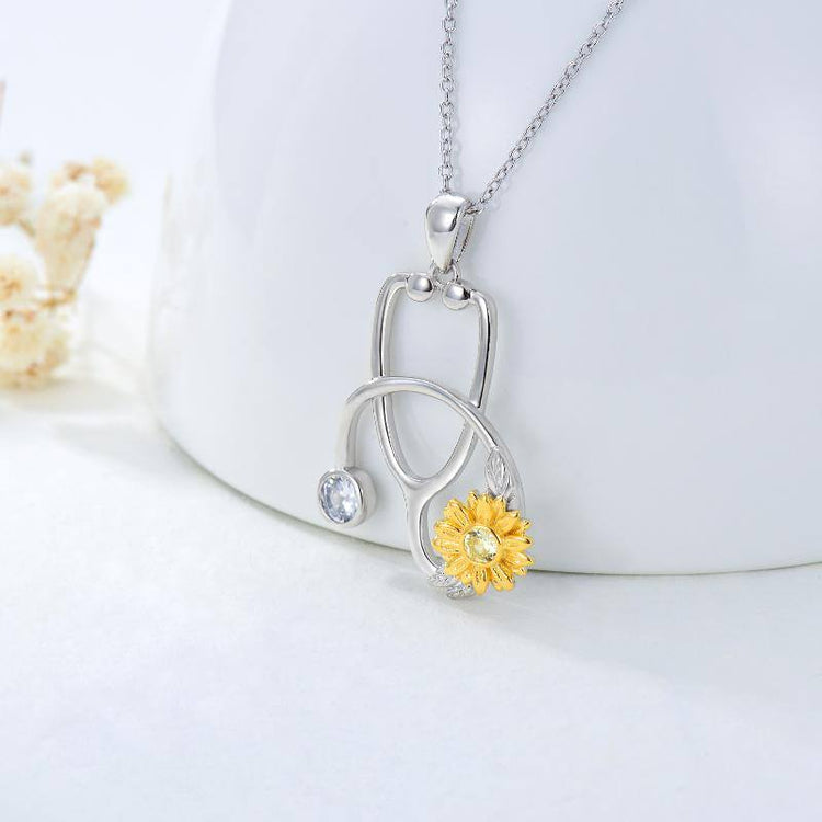 925 Sterling Silver Stethoscope with Sunflower Medical Doctor Nurse Student Graduation Pendant Necklace
