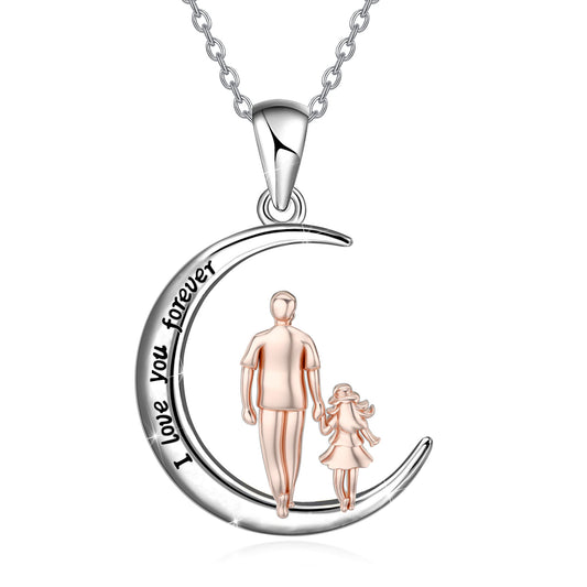 S925 Sterling Silver Daughter Father Moon Pendant Necklace