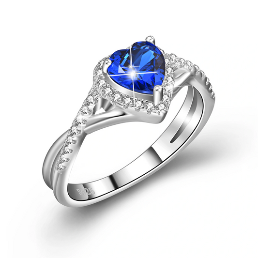 Bague en zircone cubique en cristal, en argent sterling 925, coeur bleu marine, halo, pour elle