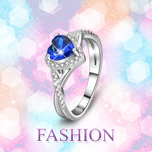 Bague en zircone cubique en cristal, en argent sterling 925, coeur bleu marine, halo, pour elle