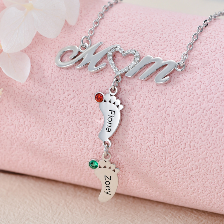 925 Sterling Silver Personalized Mom Necklace with Baby Feet Pendant