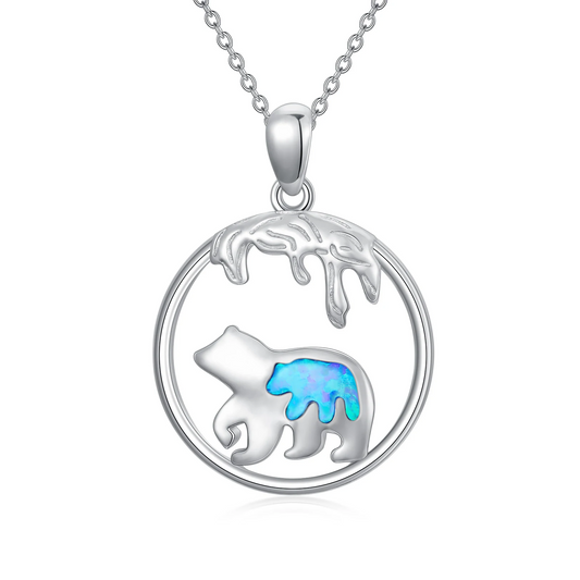 Mama Bear Necklace 925 Sterling Silver Mother Daughter Blue Opal Animal Necklace Pendant