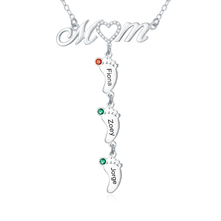 925 Sterling Silver Personalized Mom Necklace with Baby Feet Pendant