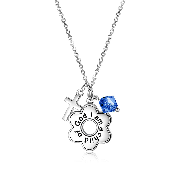 925 Sterling Silver Cross I am a Child of God Engraved Daisy Birthstone Necklace Gift for Her