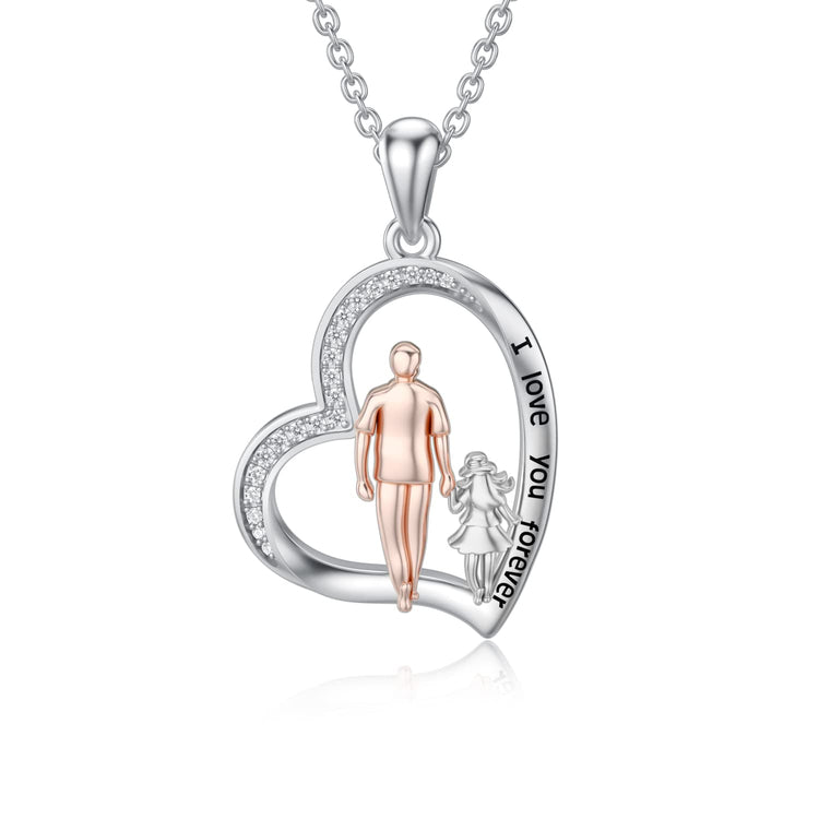 S925 Sterling Silver Father Daughter Heart Pendant Necklace