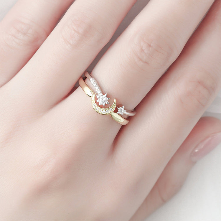 Moon and Star Ring Set, 925 Sterling Silver Size Adjustable Ring Gold & Rose Gold Stackable Rings Celestial Minimalist Dainty Cute Ring Set