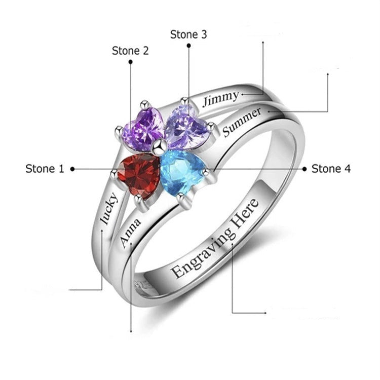 925 Sterling Silver Custom Engraved Four Names Ring With Four Birthstones