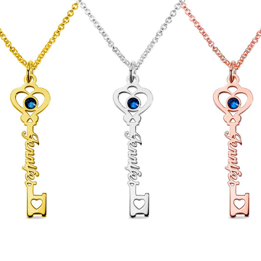 925 Sterling Silver Personalized Key to True Love Birthstone Name Necklace