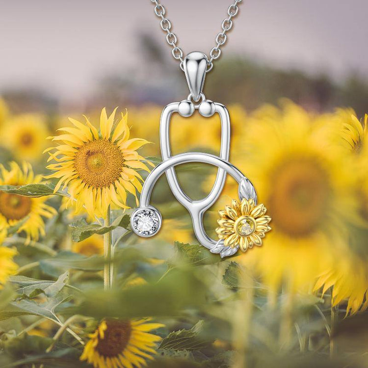 925 Sterling Silver Stethoscope with Sunflower Medical Doctor Nurse Student Graduation Pendant Necklace