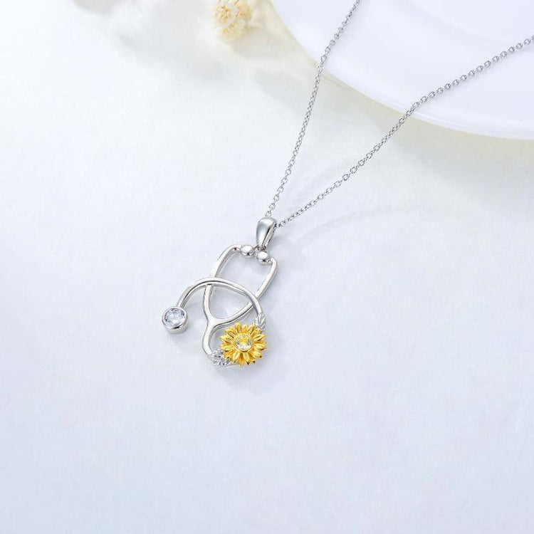 925 Sterling Silver Stethoscope with Sunflower Medical Doctor Nurse Student Graduation Pendant Necklace