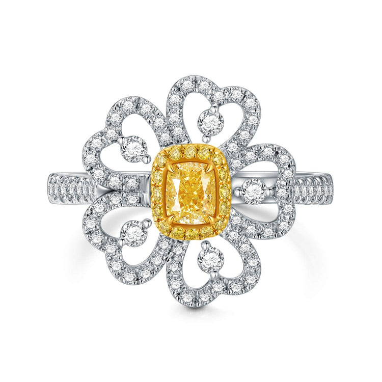 18K Halo Flower Cushion Yellow Diamond Ring