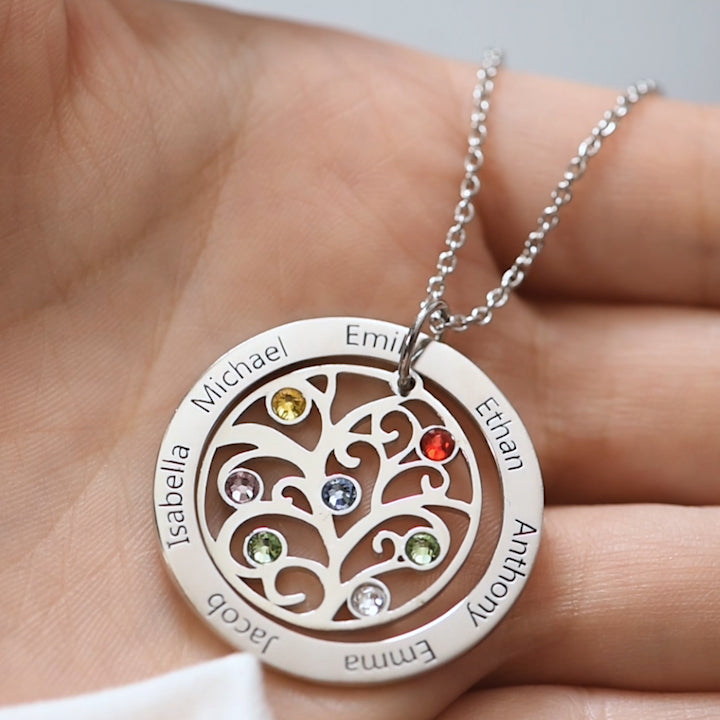 925 Sterling Silver Birthstone Family Tree Engraved Necklace Gift For Grandma - onlyone