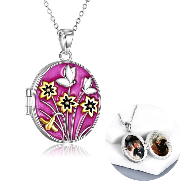 925 Sterling Silber ovale Blume und Schmetterling Runde Foto Medaillon Anhänger Halskette