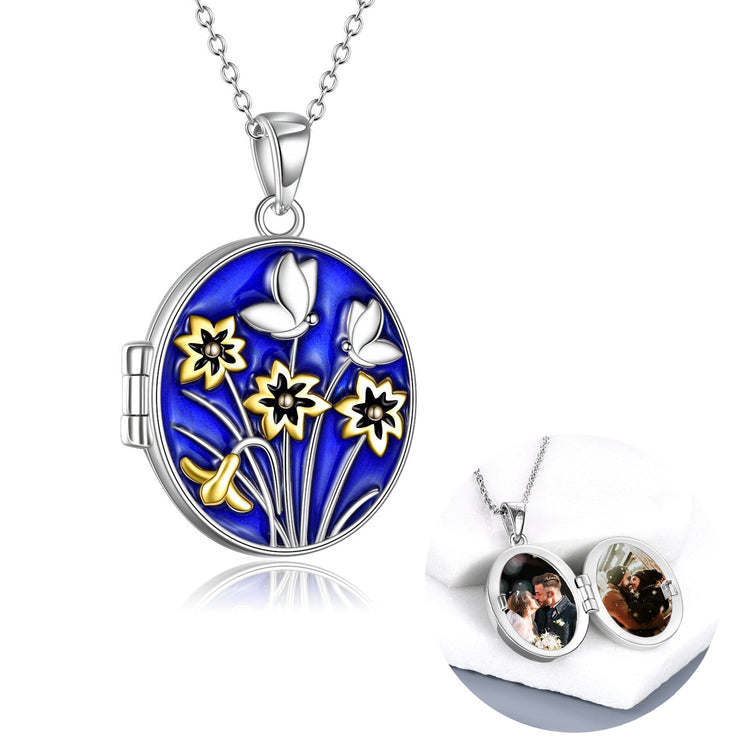 925 Sterling Silver Oval Flower And Butterfly Round Photo Locket Pendant Necklace