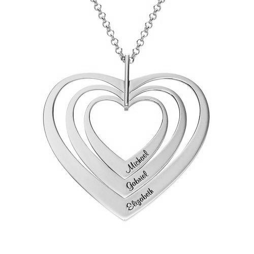 925 Sterling Silver Three Heart Engraved Name Necklace  Gift Nameplate Necklace - onlyone