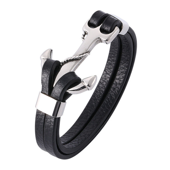 Mens Leather Bracelet With Stainless Steel Anchor, Father's Day Bracelet - onlyone