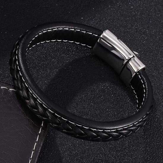 Mens Leather Bracelet With Stainless Steel Skull, Father's Day Bracelet - onlyone