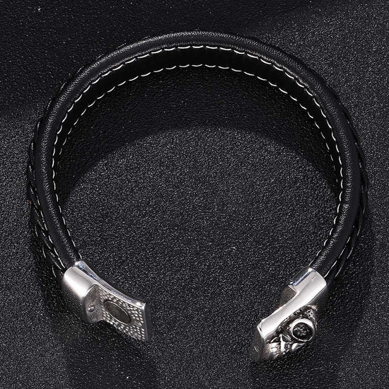 Mens Leather Bracelet With Stainless Steel Skull, Father's Day Bracelet - onlyone