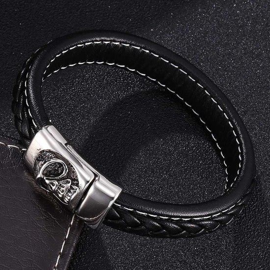 Mens Leather Bracelet With Stainless Steel Skull, Father's Day Bracelet - onlyone