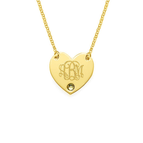 925 Sterling Silver Birthstone Engraved Monogram Heart Necklace - onlyone