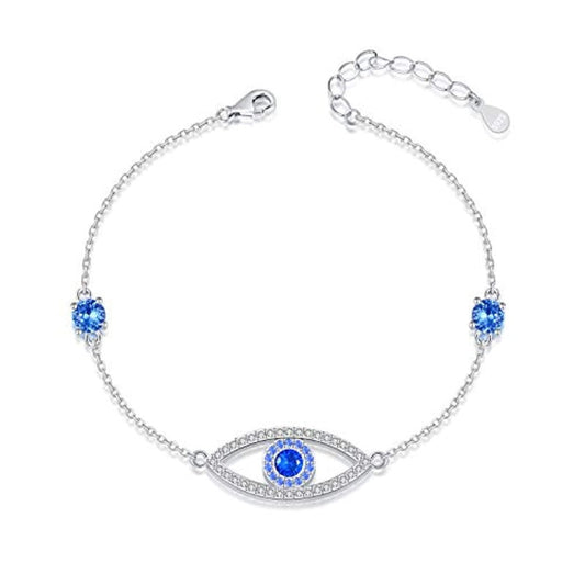 925 Sterling Silver Evil Eye Sapphire Blue Sparkling Cubic Zirconia Adjustable Anklet