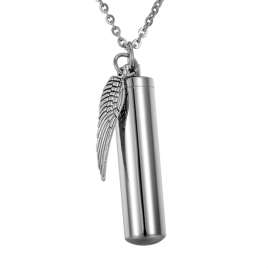 925 Sterling Silver Angel Wing Charm & Cylinder Memorial Urn Necklace Cremation Jewelry for Ashes - onlyone