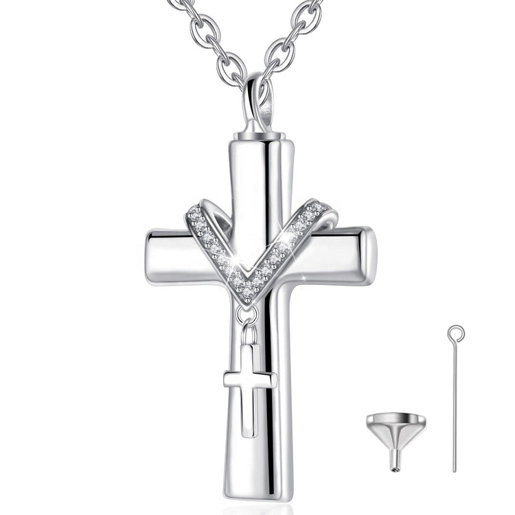 925 Sterling Silver Memorial Keepsake Cross Ash Cremation Necklace, Urn Necklace - onlyone