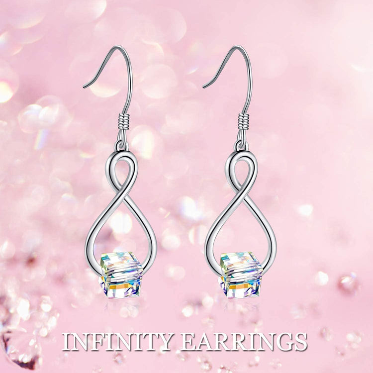 925 Sterling Silver Cube Swarovski Crystal Dangle Drop Infinity Earrings for Women - onlyone