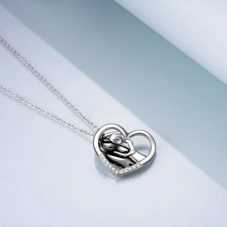 925 Sterling Silver Horse with Girl Heart Pendant Necklace for Girls, Girlfriend, Teens, Women, Daughter