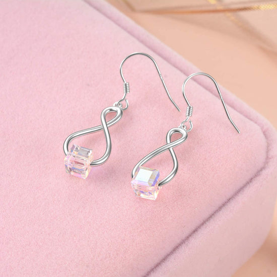 925 Sterling Silver Cube Swarovski Crystal Dangle Drop Infinity Earrings for Women - onlyone