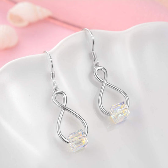 925 Sterling Silver Cube Swarovski Crystal Dangle Drop Infinity Earrings for Women - onlyone