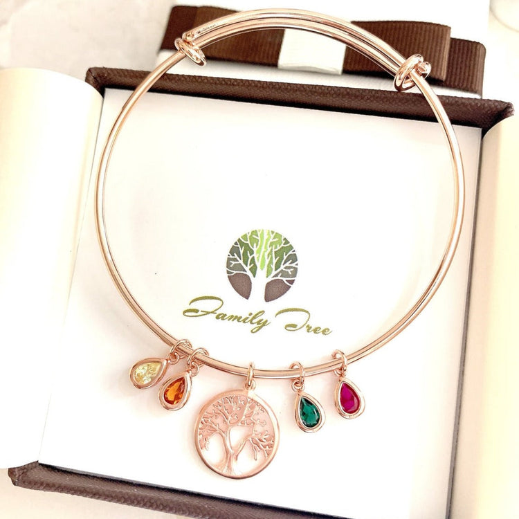 925 Sterling Silver Family Tree Bangle With Birthstone