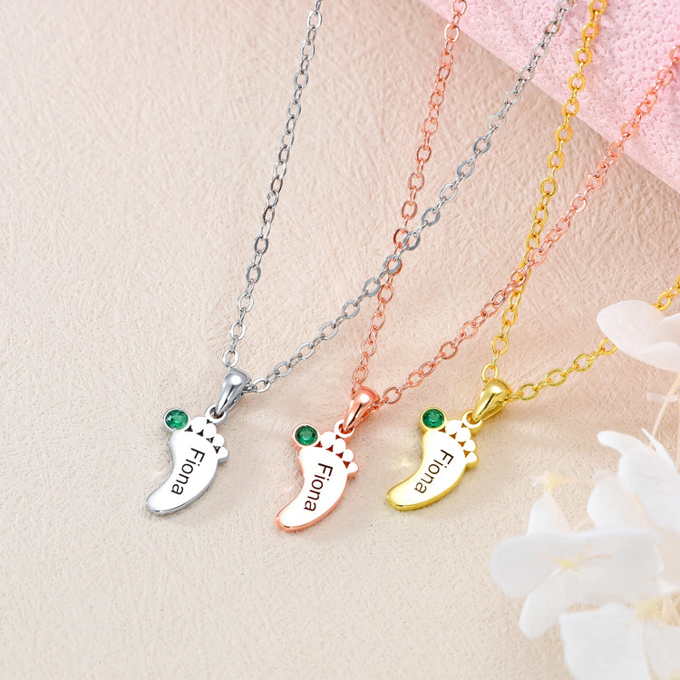 925 Sterling Silver Feet Name Custom Necklace With Birthstone