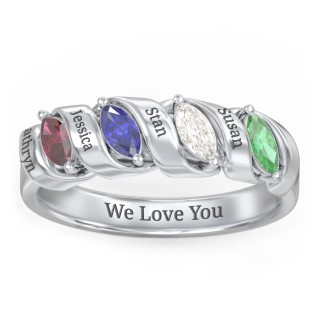 925 Sterling Silver Spiral Marquise Row Ring With 4 Birthstones