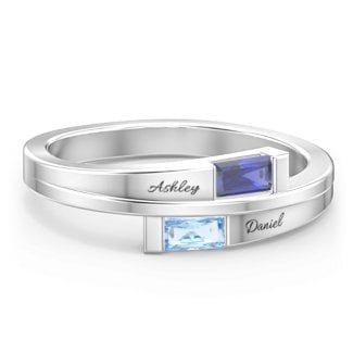 925 Sterling Silver Double Baguette Bypass Birthstone Ring