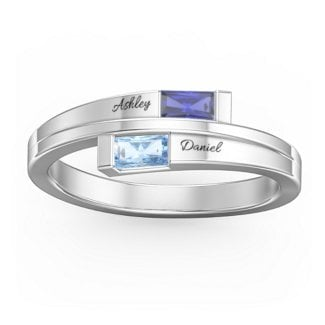 925 Sterling Silver Double Baguette Bypass Birthstone Ring