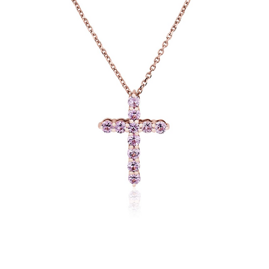 925 Sterling Silver Petite Pink Sapphire Cross Pendant Necklace With Crystel