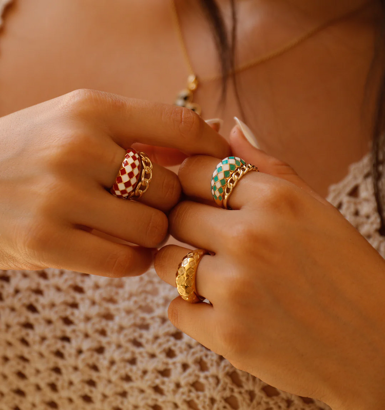 925 Sterling Silver Checker Colorful Ring