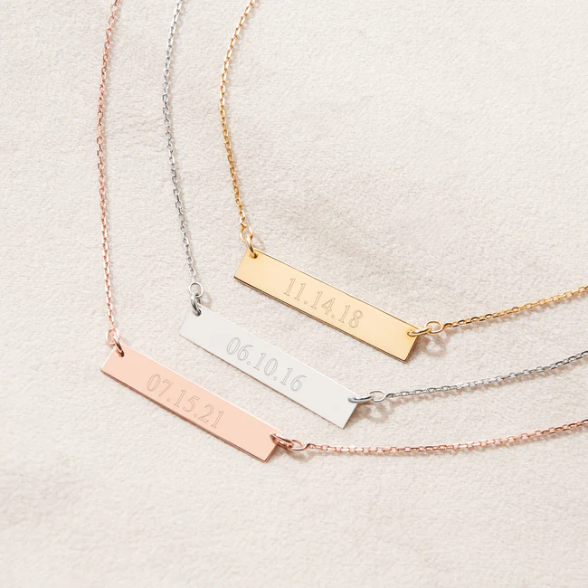 925 Sterling Silver Custom Date Rose Gold Bar Necklace