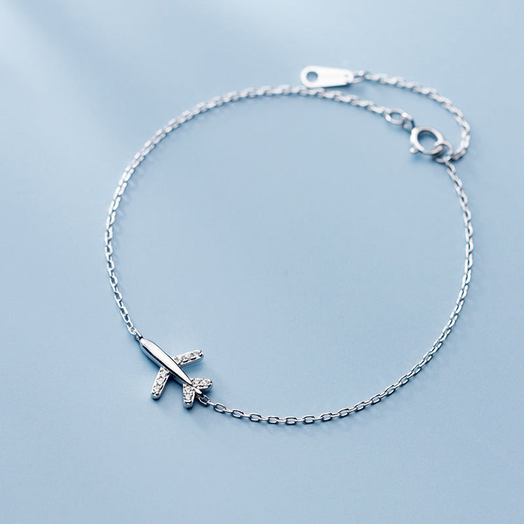 925 Sterling Silver Zirconia Airplane Bracelet for Women Girls, Cute Fly Plane Adjustable Charm Link Bracelets - onlyone