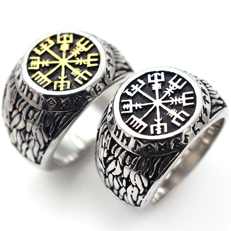 Stainless Steel Vintage Compass Ring Viking Vegvísir Ring Men Pagan Jewelry - onlyone