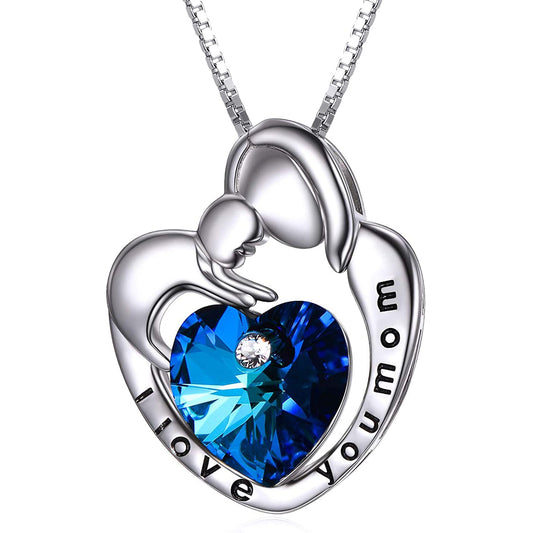 925 Sterling Silver I Love You Mom Mom And Child Heart Crystal Pendant Necklace