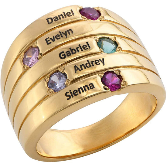 925 Sterling Silver Custom Engraved Name Mothers Ring with 5 Birthstones - onlyone