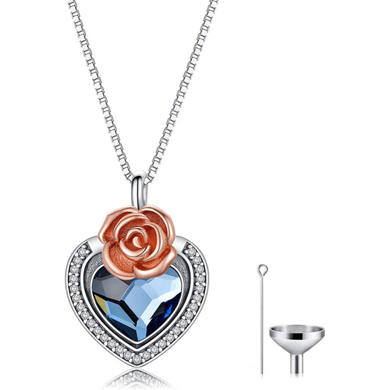 925 Sterling Silver Heart Flower Urn Necklace for Ashes, Cremation Keepsake Necklace with Swarovski Crystal - onlyone