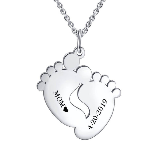 925 Sterling Silver Engraved Baby Feet Double Name Necklace Nameplate Necklace, Gift For Mom - onlyone