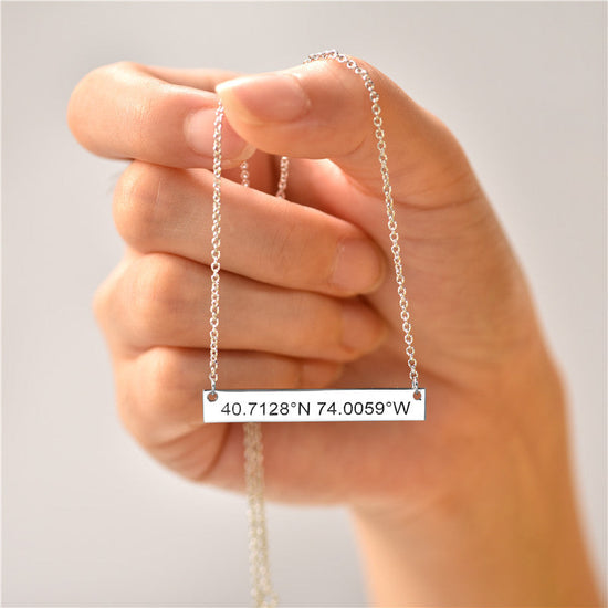 925 Sterling Silver Coordinates Engraved Bar Necklace, Custom Latitude and Longitude Necklace - onlyone