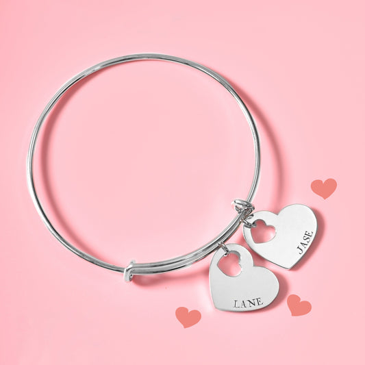 Bracelet d'amour extensible en argent sterling 925 avec nom double coeur personnalisé