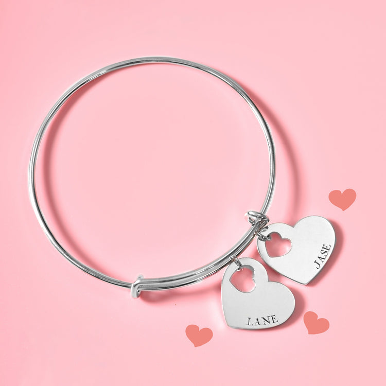 925 Sterling Silver Personalized Double Heart Name Bangle Expandable Love Bracelet