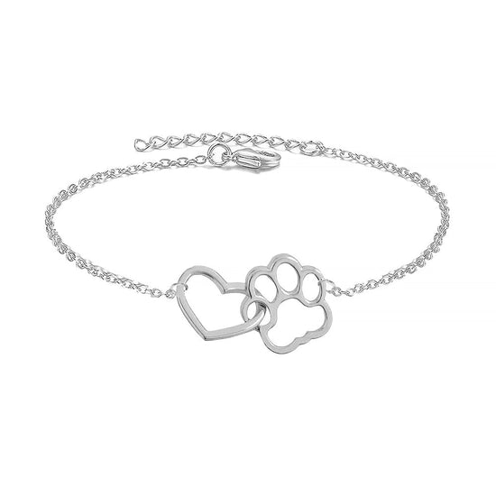 925 Sterling Silver Hollow Heart Puppy Pet Paw Print Anklet - onlyone